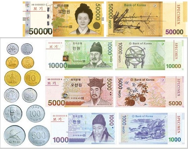 Hàn Quốc có tiền xu và tiền giấy