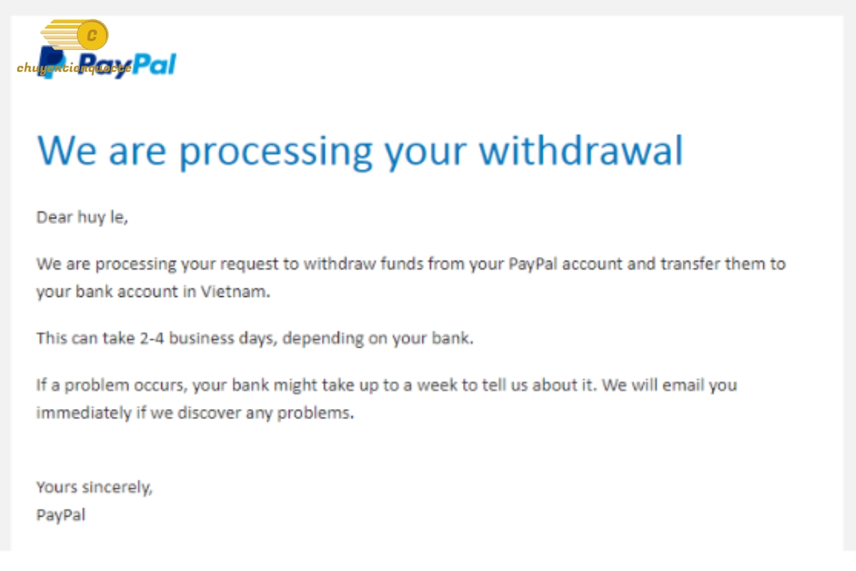 Mail thông báo rút tiền từ Paypal về ngân hàng thành công